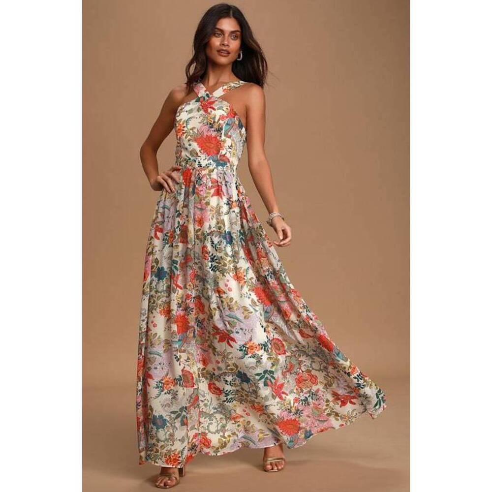 Lulus Lilja Cream Floral Print Maxi Dress Beige - Size XL